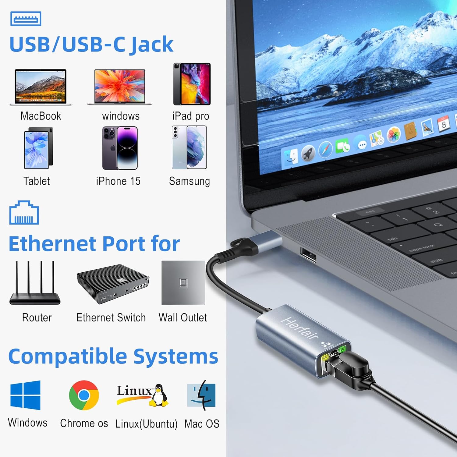 Ethernet to USB Adapter, Type C Ethernet Adapter Gigabit Network Adaptor for Laptop,USB 3.0 to Internet Connector 2-in-1 for Switch Computer Laptop PC MacBook Air Pro Windows Linux