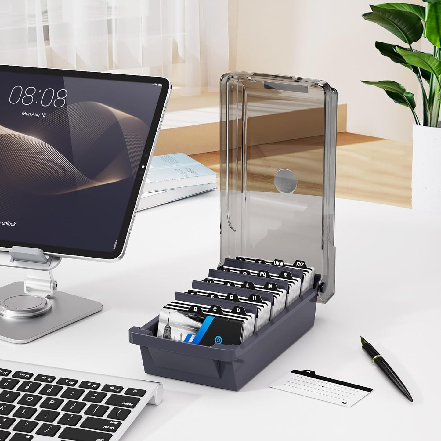 MaxGear Business Card Holder for Desk, Large Plastic Business Card Organizer Box, Credit Cards Holder File Box Storage, Capacity: 500 Cards (3.5” x 2.2”), A-Z Tabs, Metal Structure, Black