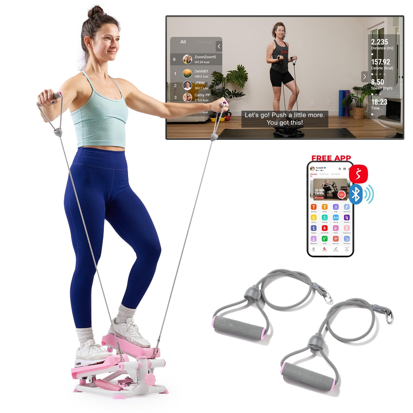 Sunny Health & Fitness Mini Stepper for Exercise at Home, Stair Step Workout Machine with Resistance Band, Fullbody Cardio, Upgraded Over 300lb Weight Capacity, Optional Free SunnyFit App Connection