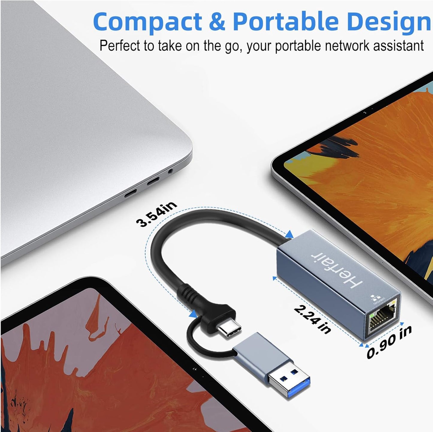 Ethernet to USB Adapter, Type C Ethernet Adapter Gigabit Network Adaptor for Laptop,USB 3.0 to Internet Connector 2-in-1 for Switch Computer Laptop PC MacBook Air Pro Windows Linux