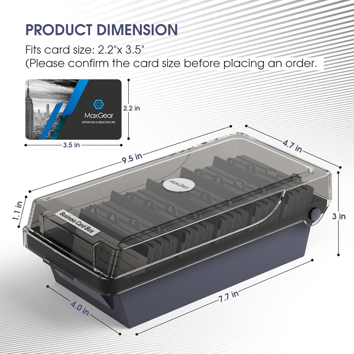 MaxGear Business Card Holder for Desk, Large Plastic Business Card Organizer Box, Credit Cards Holder File Box Storage, Capacity: 500 Cards (3.5” x 2.2”), A-Z Tabs, Metal Structure, Black