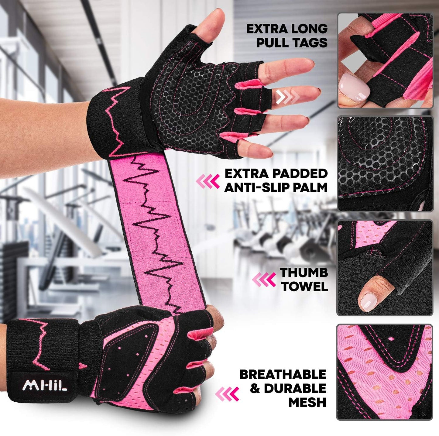 MhIL Workout Gloves for Women – Comfortable Gym Gloves for Women with Hand Protection and Enhanced Grip – Weight Lifting Gloves for Women with Wrist Wraps Support for Safety, Hygiene, and Style