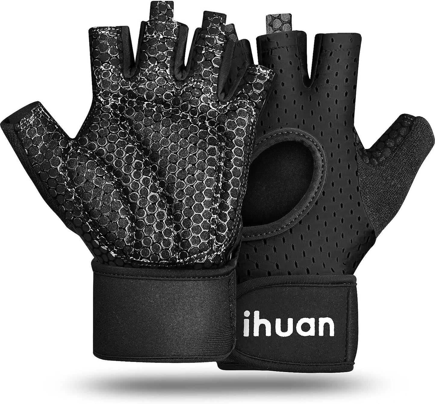 ihuan Breathable Weight Lifting Gloves: Fingerless Workout Gym Wrist Support | Enhance Palm Protection | Extra Grip for Fitness |Training | Rowing | Pull-ups