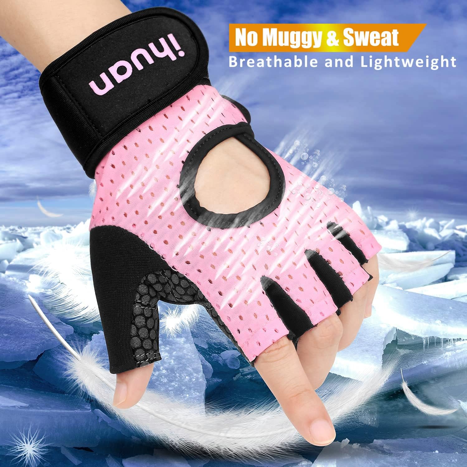 ihuan Breathable Weight Lifting Gloves: Fingerless Workout Gym Wrist Support | Enhance Palm Protection | Extra Grip for Fitness |Training | Rowing | Pull-ups
