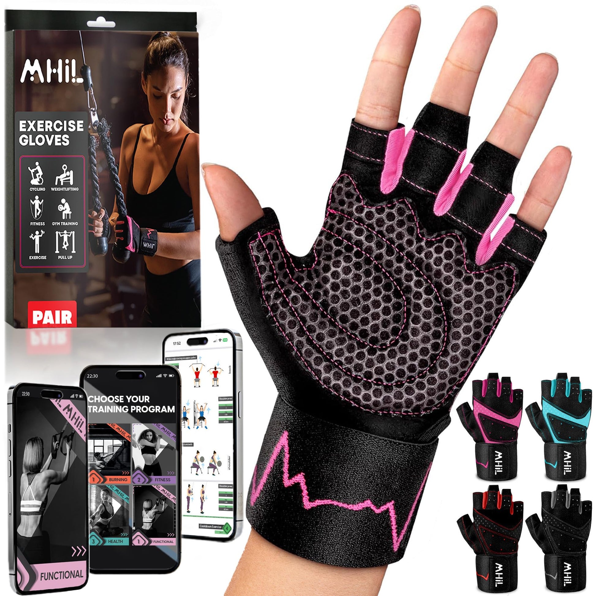 MhIL Workout Gloves for Women – Comfortable Gym Gloves for Women with Hand Protection and Enhanced Grip – Weight Lifting Gloves for Women with Wrist Wraps Support for Safety, Hygiene, and Style