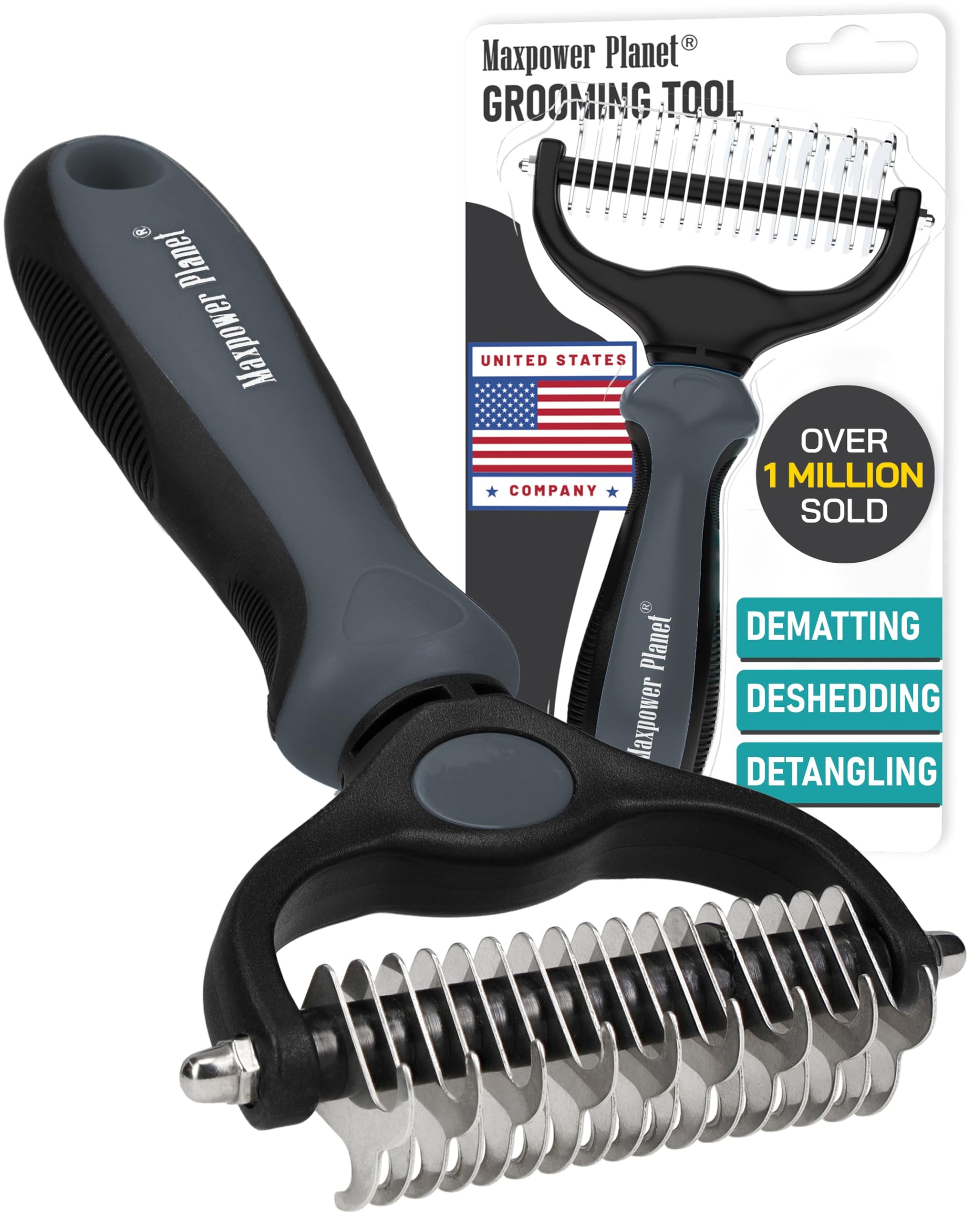 Maxpower Planet Original Pet Grooming Rake - Double-Sided Deshedding Dematting Tool, Undercoat Rake for Dogs & Cats, Extra-Wide Dog Grooming Brush & Deshedder Comb for Long Hair, Reduces Shedding 95%