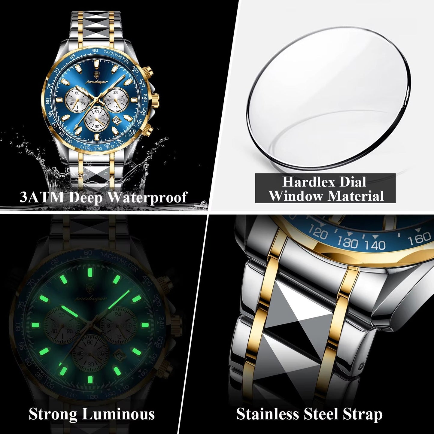 POEDAGAR Luxus Chronograph Herrenuhr | Blaue Stunde Elegance | Edelstahl | Wasserdicht | Perfektes Weihnachtsgeschenk