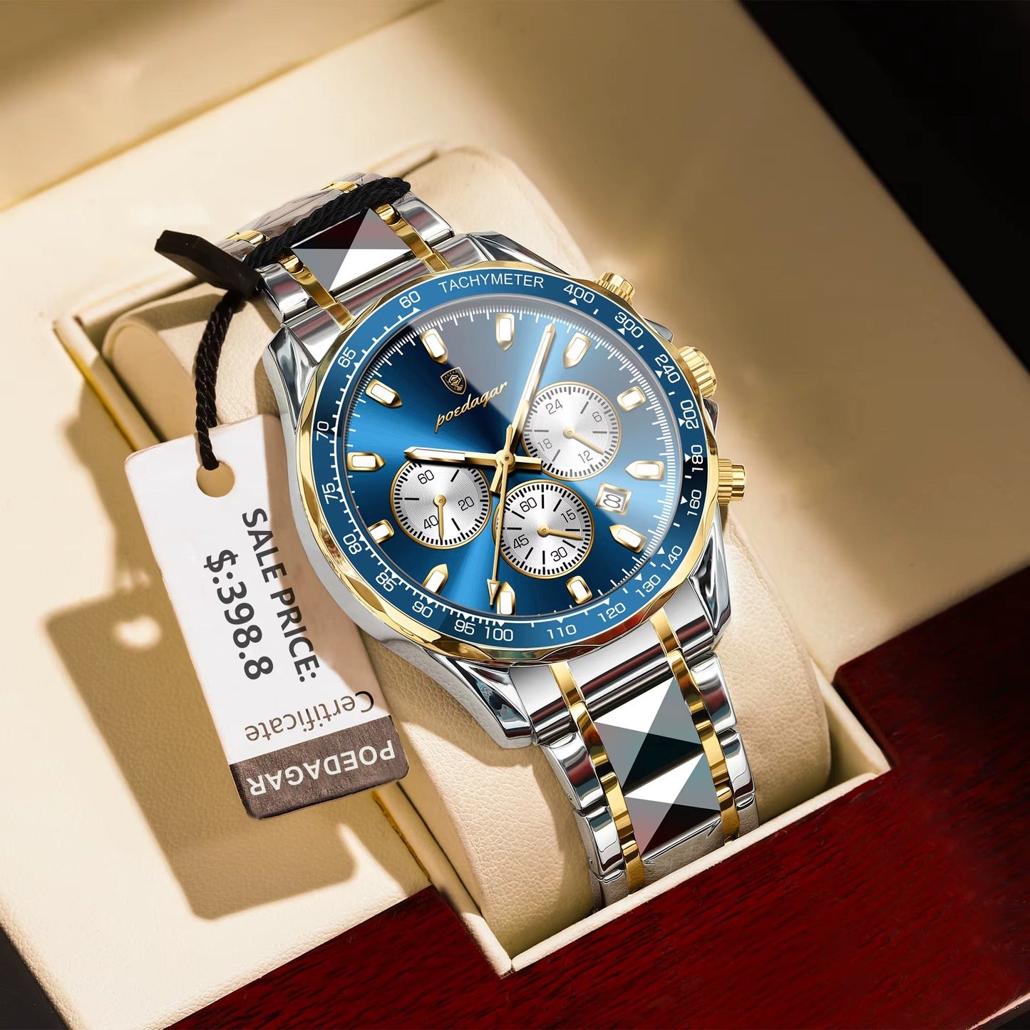 POEDAGAR Luxus Chronograph Herrenuhr | Blaue Stunde Elegance | Edelstahl | Wasserdicht | Perfektes Weihnachtsgeschenk