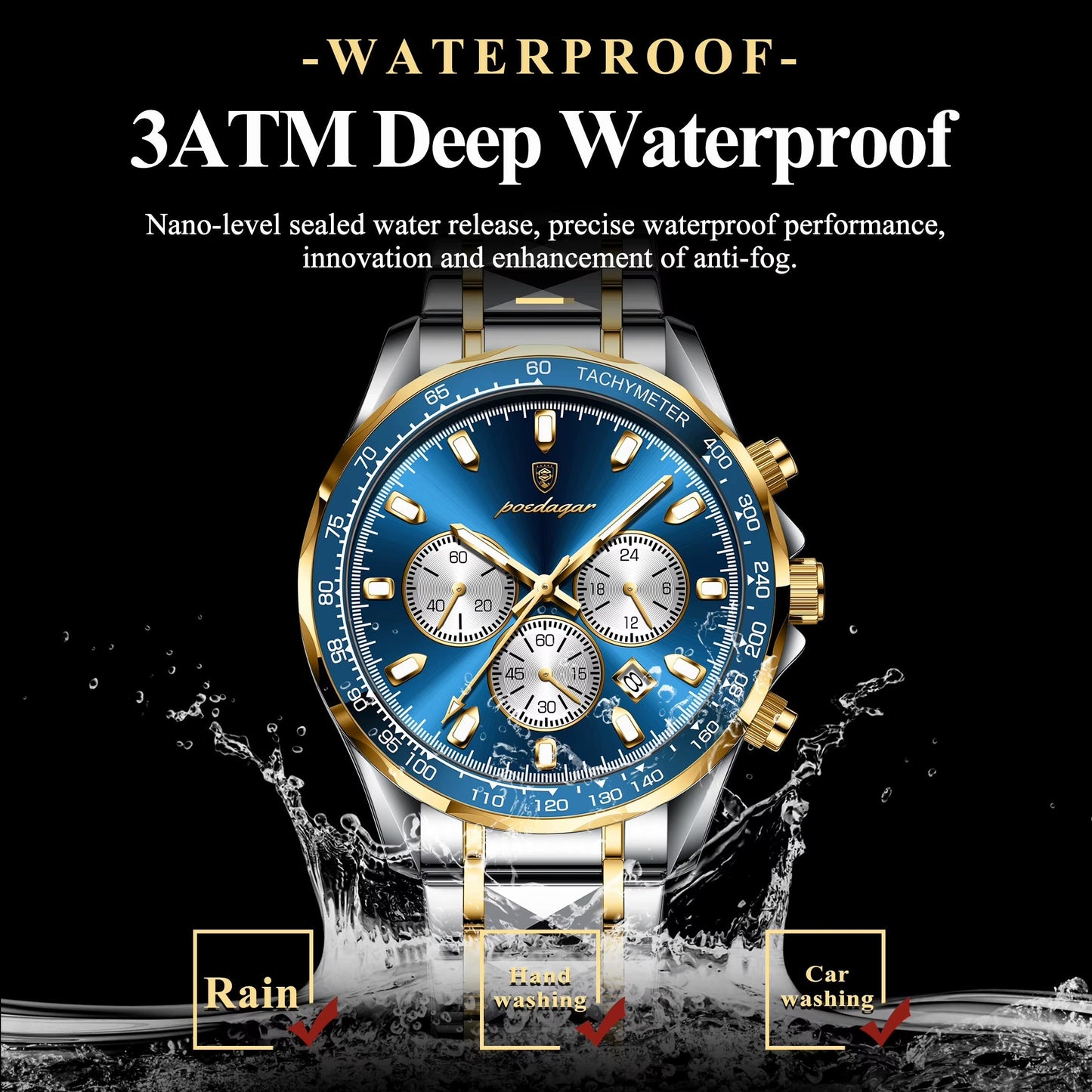 POEDAGAR Luxus Chronograph Herrenuhr | Blaue Stunde Elegance | Edelstahl | Wasserdicht | Perfektes Weihnachtsgeschenk