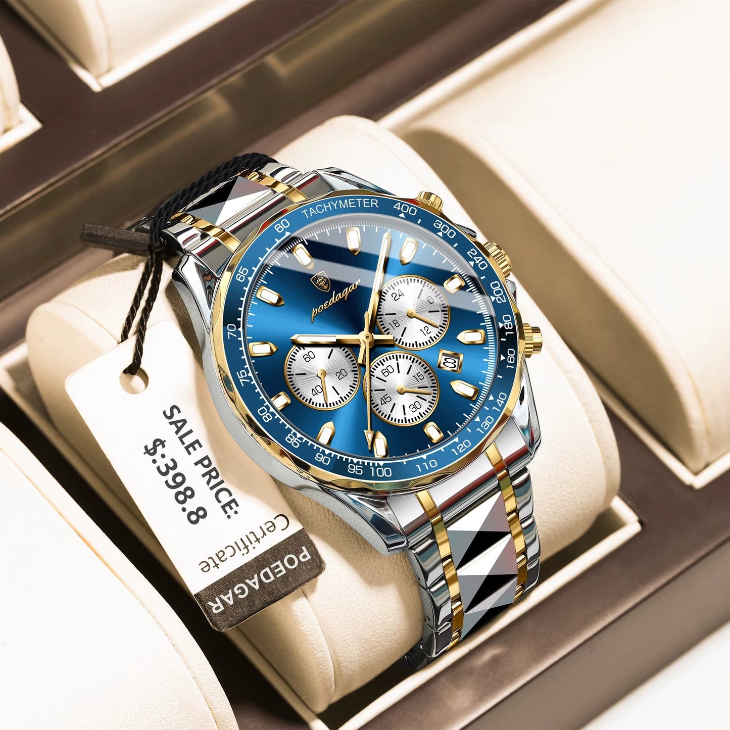 POEDAGAR Luxus Chronograph Herrenuhr | Blaue Stunde Elegance | Edelstahl | Wasserdicht | Perfektes Weihnachtsgeschenk