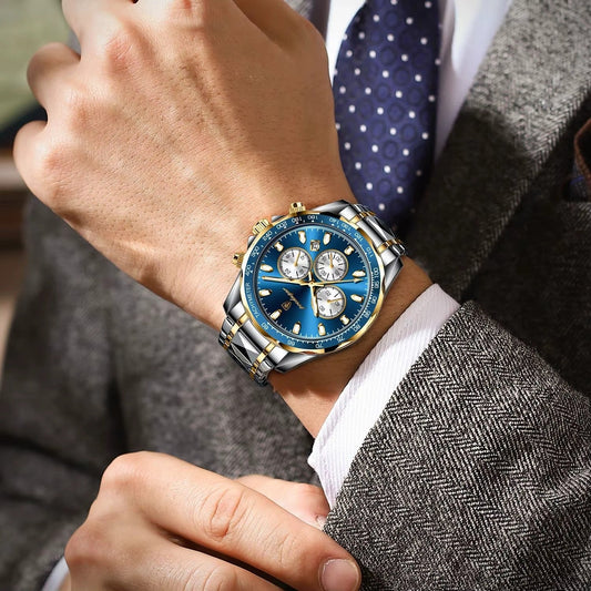 POEDAGAR Luxus Chronograph Herrenuhr | Blaue Stunde Elegance | Edelstahl | Wasserdicht | Perfektes Weihnachtsgeschenk