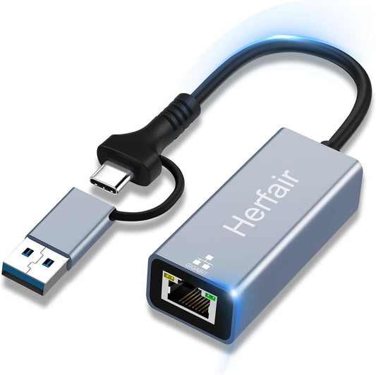 Ethernet to USB Adapter, Type C Ethernet Adapter Gigabit Network Adaptor for Laptop,USB 3.0 to Internet Connector 2-in-1 for Switch Computer Laptop PC MacBook Air Pro Windows Linux