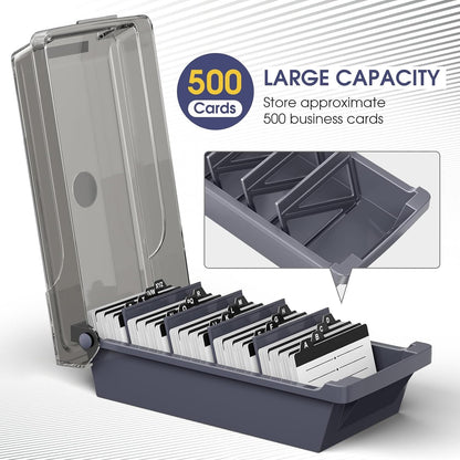 MaxGear Business Card Holder for Desk, Large Plastic Business Card Organizer Box, Credit Cards Holder File Box Storage, Capacity: 500 Cards (3.5” x 2.2”), A-Z Tabs, Metal Structure, Black