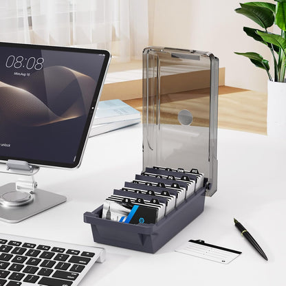 MaxGear Business Card Holder for Desk, Large Plastic Business Card Organizer Box, Credit Cards Holder File Box Storage, Capacity: 500 Cards (3.5” x 2.2”), A-Z Tabs, Metal Structure, Black