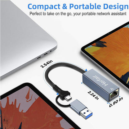 Ethernet to USB Adapter, Type C Ethernet Adapter Gigabit Network Adaptor for Laptop,USB 3.0 to Internet Connector 2-in-1 for Switch Computer Laptop PC MacBook Air Pro Windows Linux