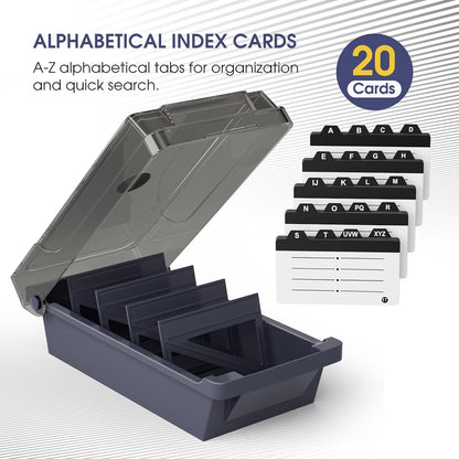 MaxGear Business Card Holder for Desk, Large Plastic Business Card Organizer Box, Credit Cards Holder File Box Storage, Capacity: 500 Cards (3.5” x 2.2”), A-Z Tabs, Metal Structure, Black