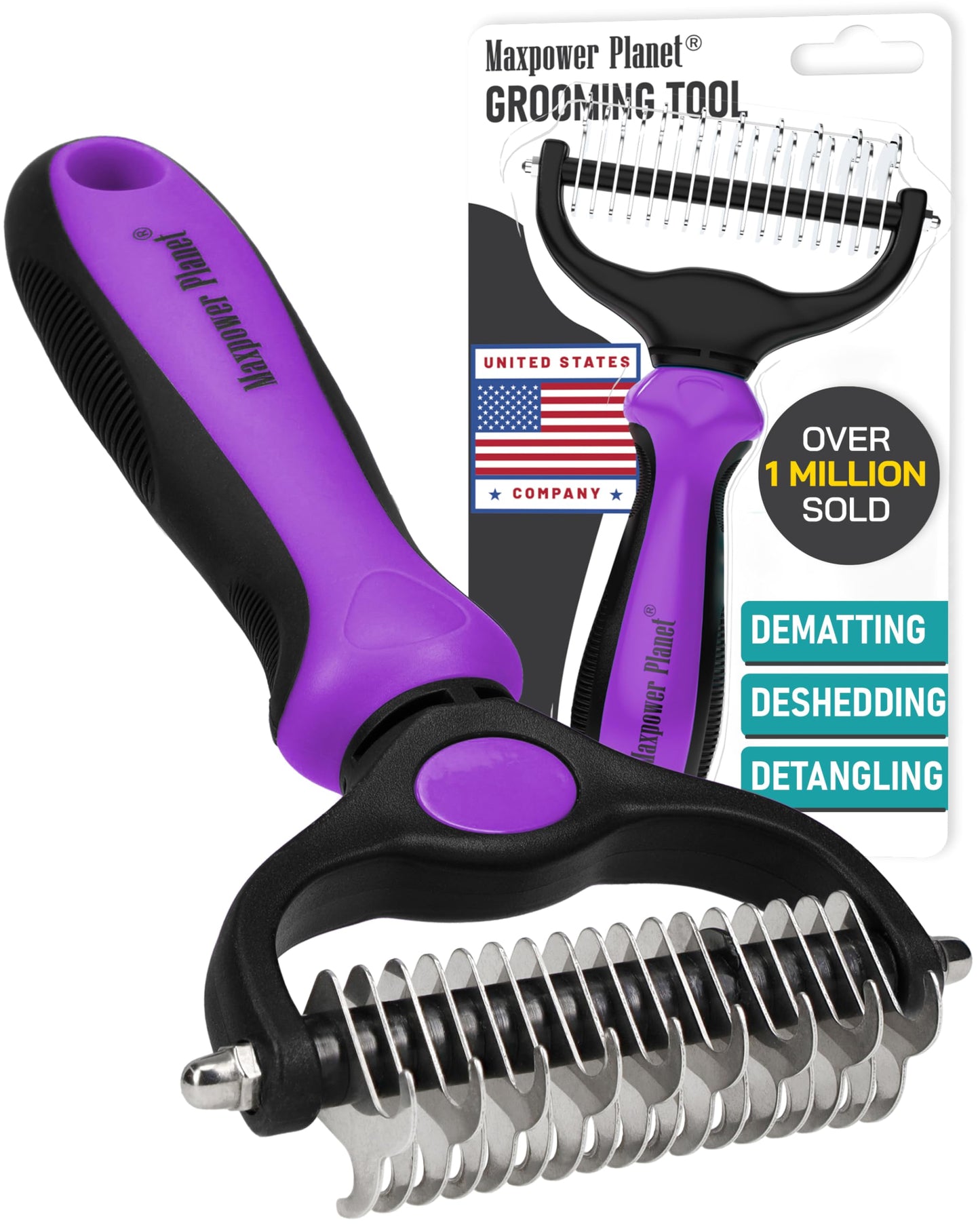 Maxpower Planet Original Pet Grooming Rake - Double-Sided Deshedding Dematting Tool, Undercoat Rake for Dogs & Cats, Extra-Wide Dog Grooming Brush & Deshedder Comb for Long Hair, Reduces Shedding 95%