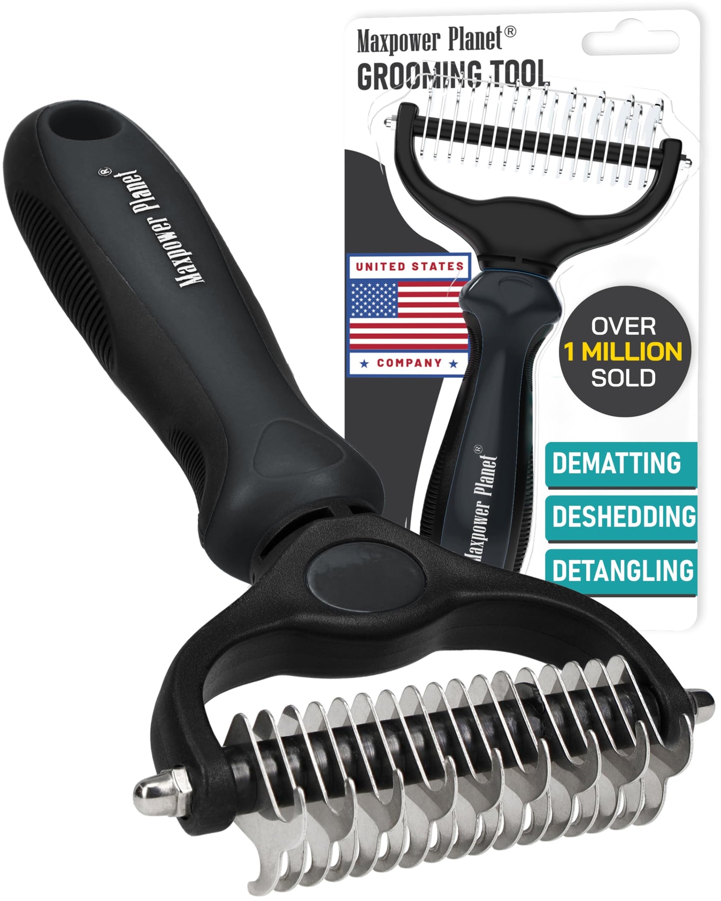 Maxpower Planet Original Pet Grooming Rake - Double-Sided Deshedding Dematting Tool, Undercoat Rake for Dogs & Cats, Extra-Wide Dog Grooming Brush & Deshedder Comb for Long Hair, Reduces Shedding 95%