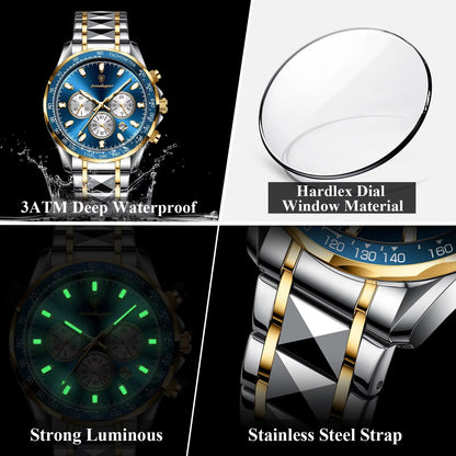 POEDAGAR Luxus Chronograph Herrenuhr | Blaue Stunde Elegance | Edelstahl | Wasserdicht | Perfektes Weihnachtsgeschenk